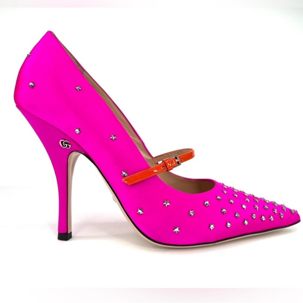 Gucci Jodie Pink Fuchsia Star crystal embellished Heels with Tangerine Strap - Picture 3 of 14